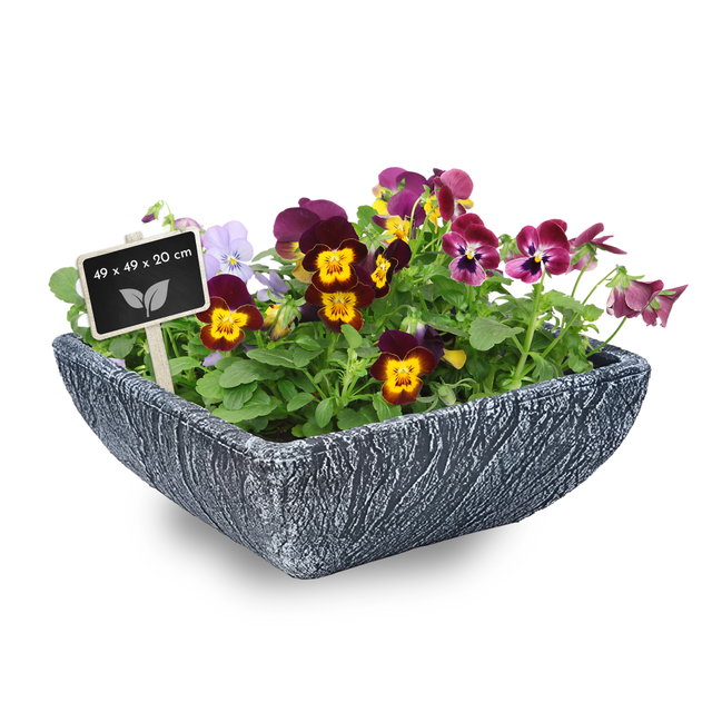 Pflanzschale aus Kunststoff, eckiger Pflanztopf, Grabschale, Stein-Optik